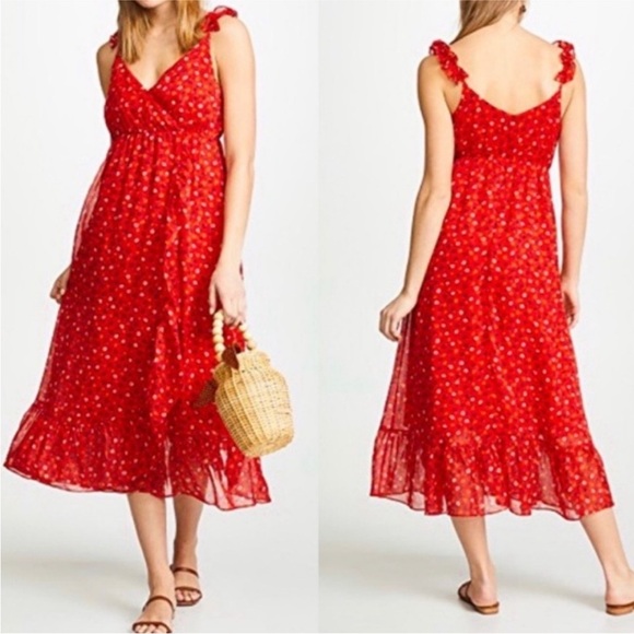 Madewell Ruffle Floral Prairie Posies Midi Dress Red Size 4 - Picture 1 of 9